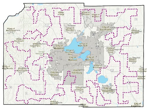Transect Survey points over map of Dane County